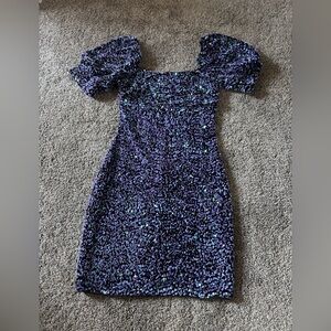 Purple Sequin Puff Sleeve Dress